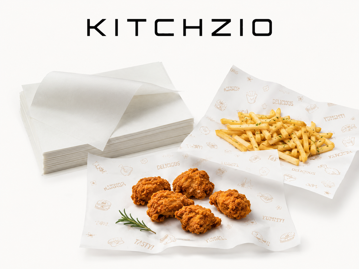 Kitchzio greaseproof sheets under fried chicken and french fries
