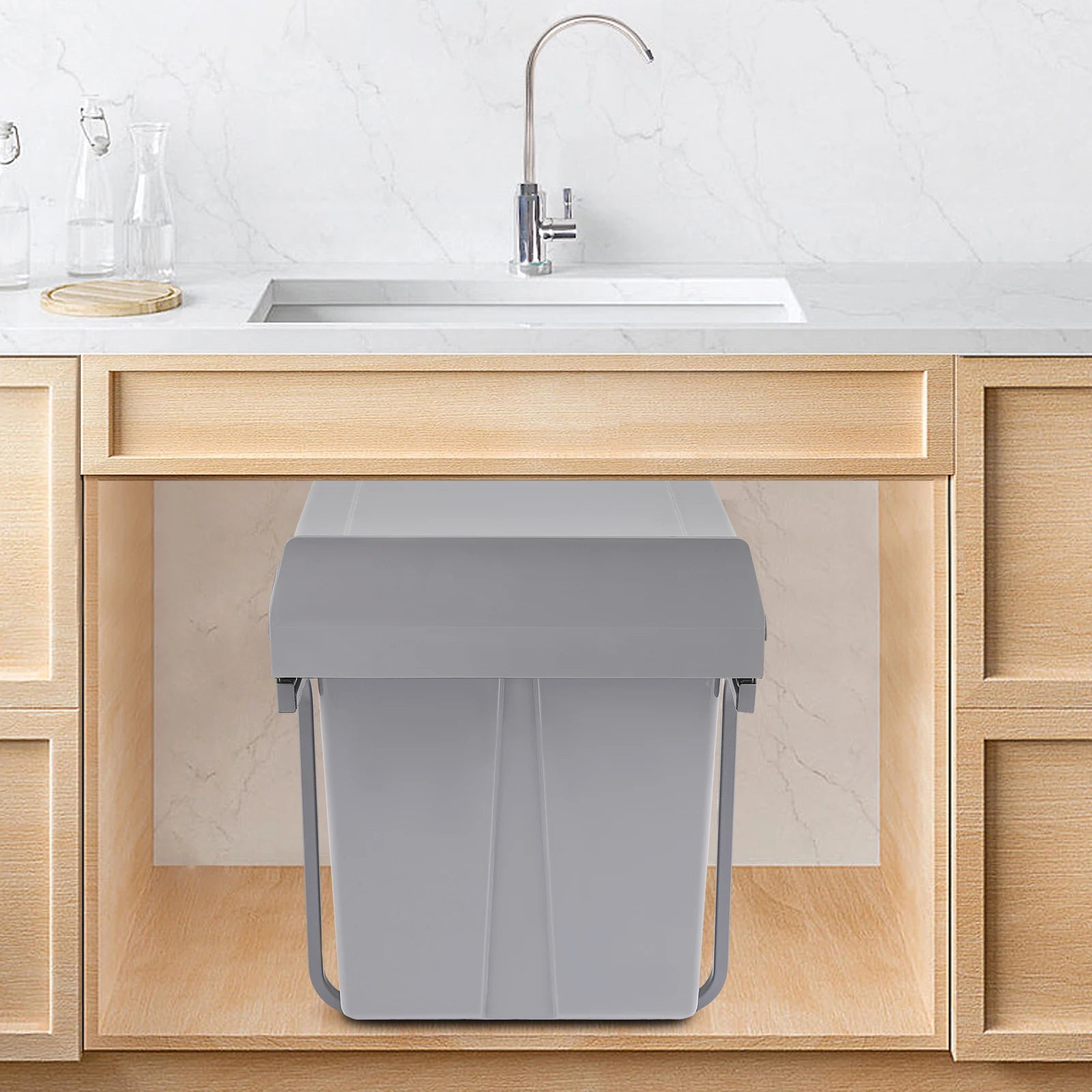 20L Each Dual Pull-Out Trash Can Easy Install Under Cabinet Kitchen Waste Bin with 2 Bins Slide out Recycling Garbage Can