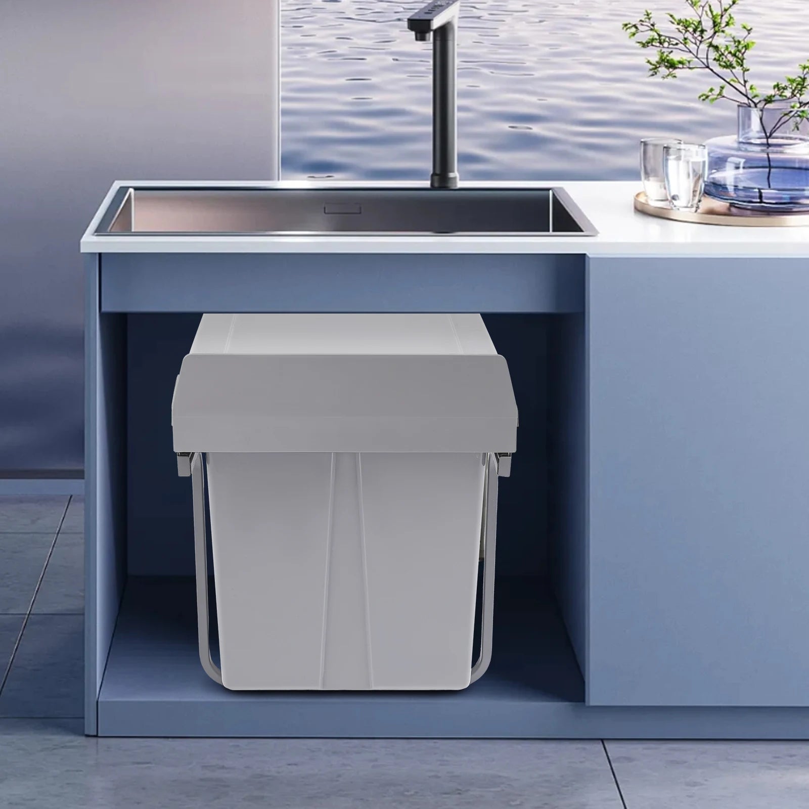 20L Each Dual Pull-Out Trash Can Easy Install Under Cabinet Kitchen Waste Bin with 2 Bins Slide out Recycling Garbage Can