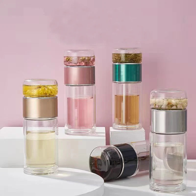 Glass Tea Infuser Bottle Double Layer Tumbler
