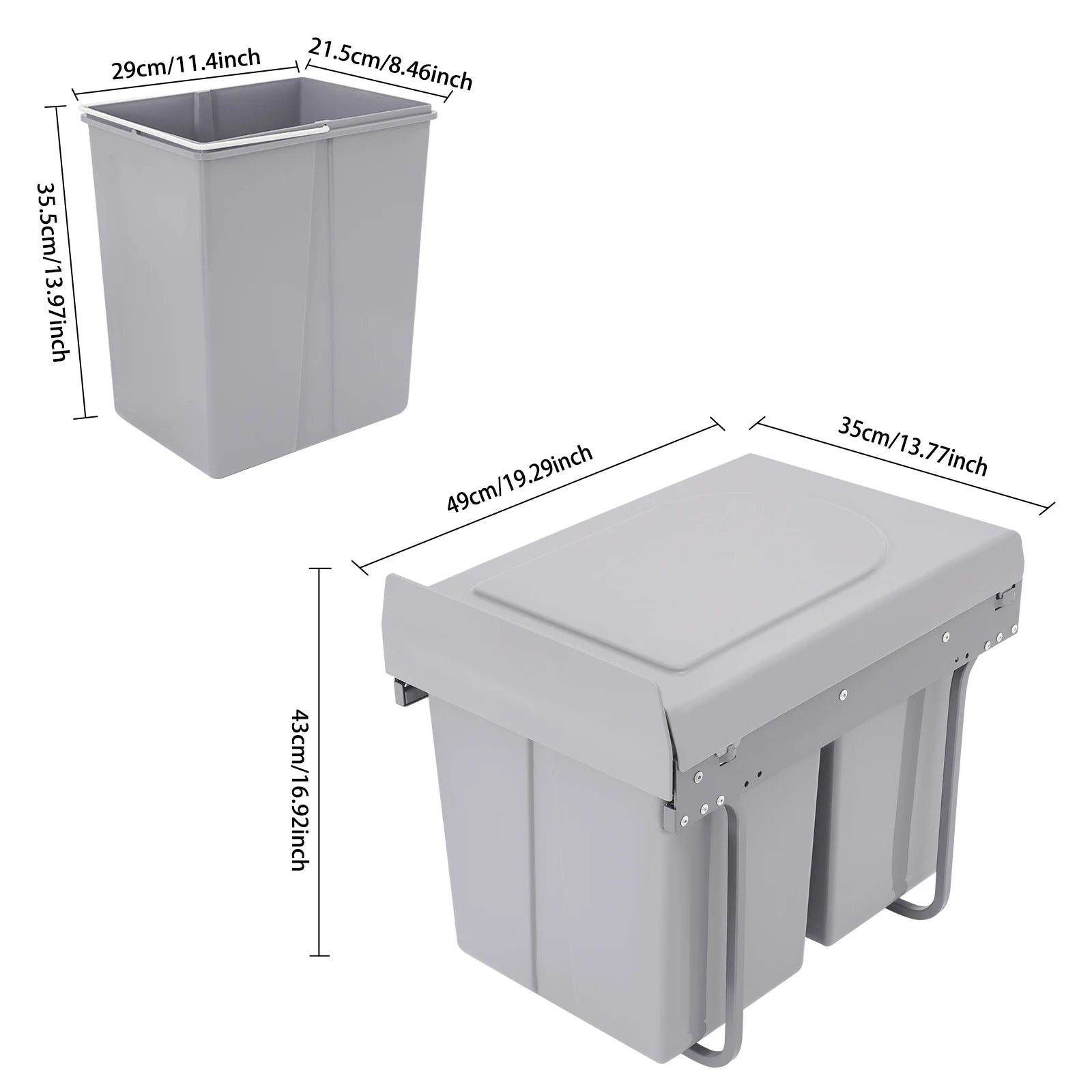 20L Each Dual Pull-Out Trash Can Easy Install Under Cabinet Kitchen Waste Bin with 2 Bins Slide out Recycling Garbage Can