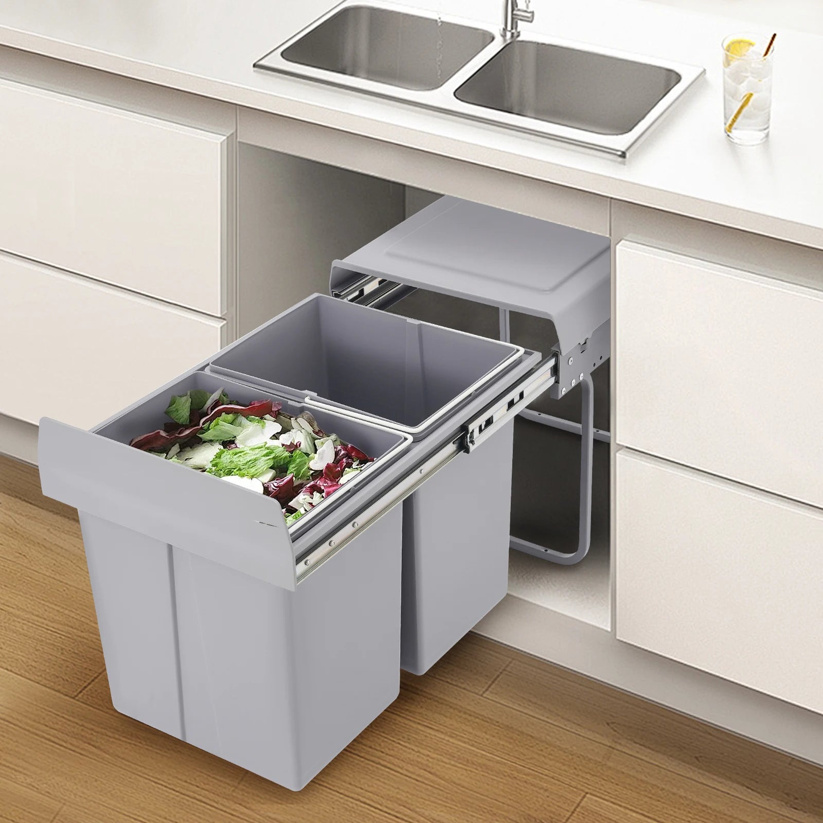 20L Each Dual Pull-Out Trash Can Easy Install Under Cabinet Kitchen Waste Bin with 2 Bins Slide out Recycling Garbage Can
