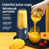 Portable blender bottle shown fully assembled with lid and base