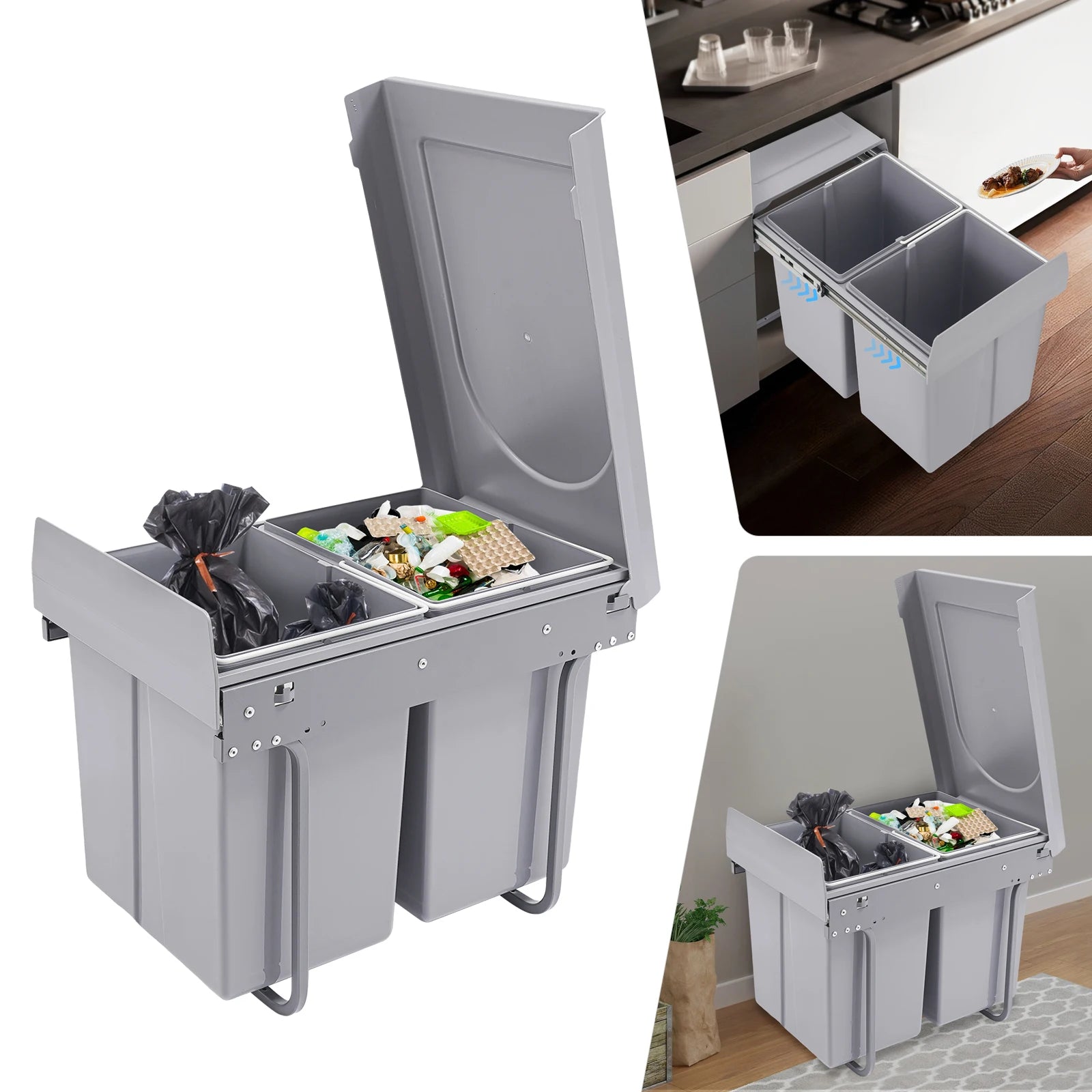 20L Each Dual Pull-Out Trash Can Easy Install Under Cabinet Kitchen Waste Bin with 2 Bins Slide out Recycling Garbage Can