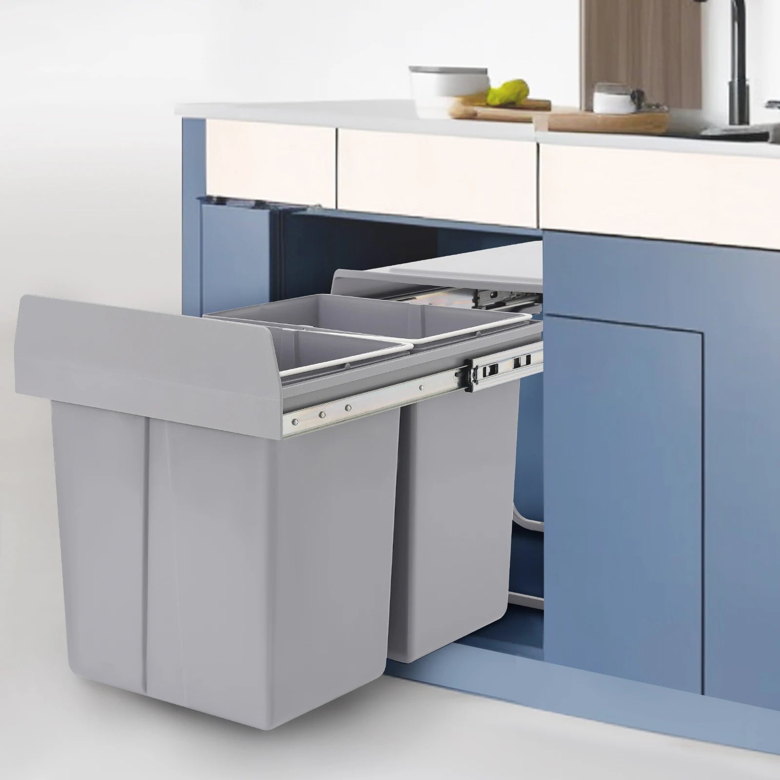 20L Each Dual Pull-Out Trash Can Easy Install Under Cabinet Kitchen Waste Bin with 2 Bins Slide out Recycling Garbage Can