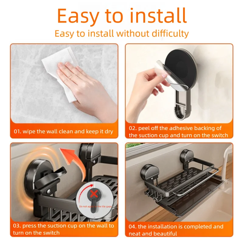 AOBT No-Drill Kitchen Sink Storage Rack Suction Cup Cloth Draining Rack Multifunctional Wall-Mounted Sink Shelf Utensils Dishes
