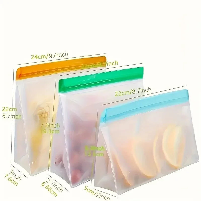3pcs Reusable Silicone Food Pouches 3-Pack - Leakproof Freezer & Storage Bags for Travel/Home Use ﻿