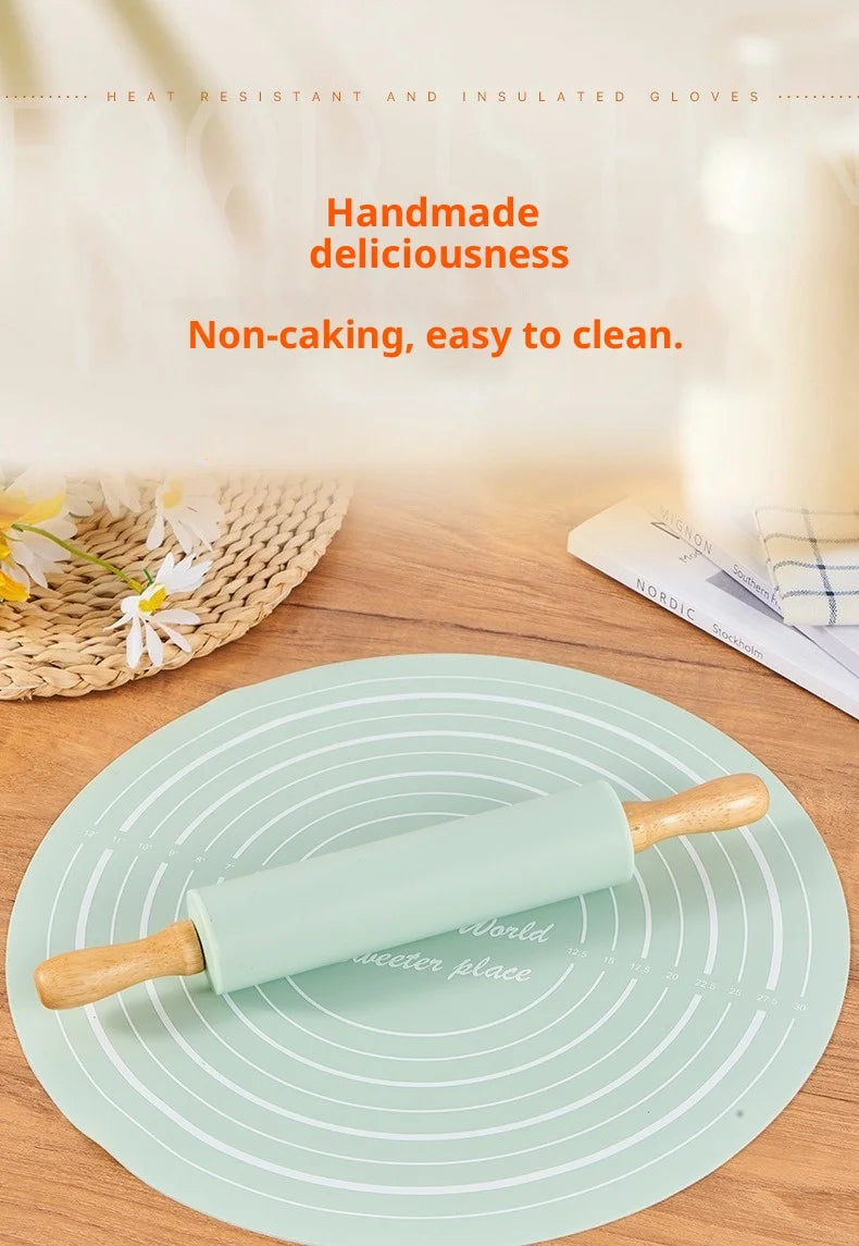 2 Piece Non Stick Rolling Mat and Rolling Pin Set for Home Baking Dough Kneading Flour Resistant Silicone Pastry Mat