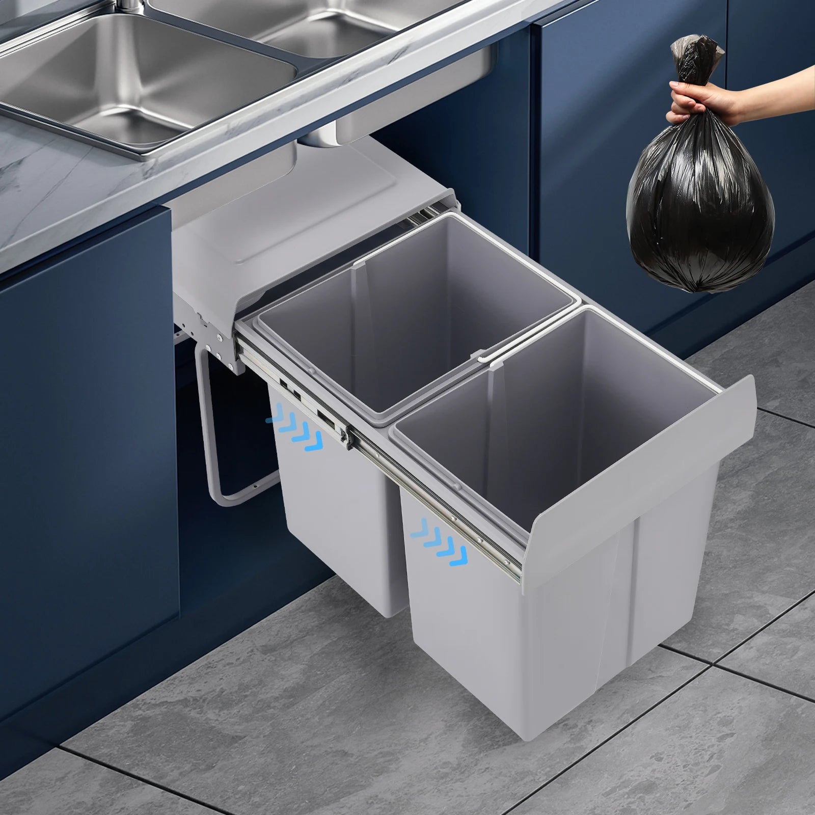 20L Each Dual Pull-Out Trash Can Easy Install Under Cabinet Kitchen Waste Bin with 2 Bins Slide out Recycling Garbage Can