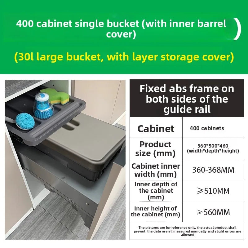 Large Hidden Kitchen Trash Can - Single Built-In Cabinet Pull-Out Slide-Out Garbage Bin for Bedroom Wastebasket