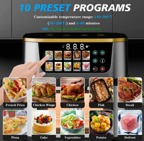 Heavy-Duty 10L Square Air Deep Fryer with Grill Function for Household Use Visual Window Automatic Healthy Oil-free Heating