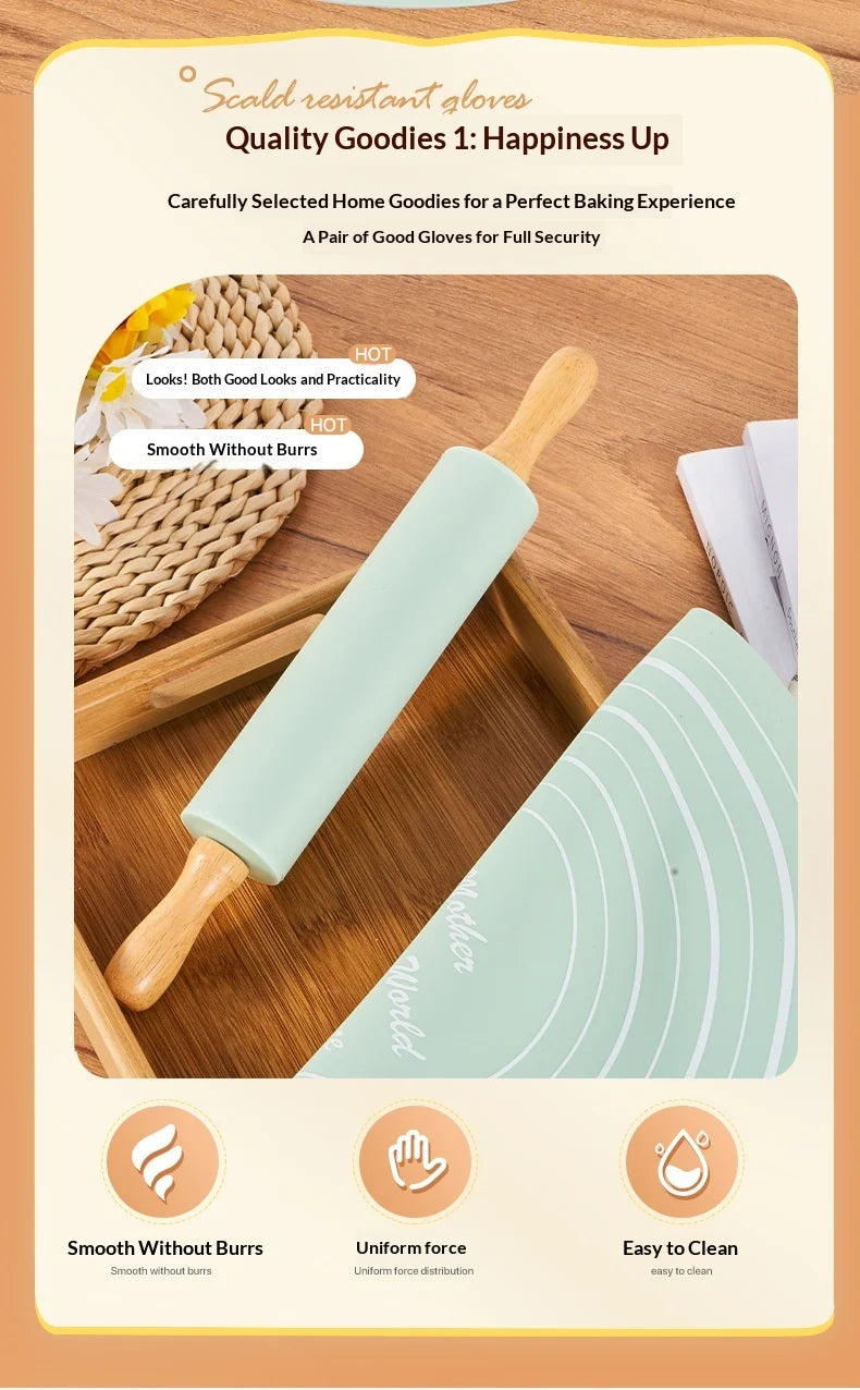2 Piece Non Stick Rolling Mat and Rolling Pin Set for Home Baking Dough Kneading Flour Resistant Silicone Pastry Mat