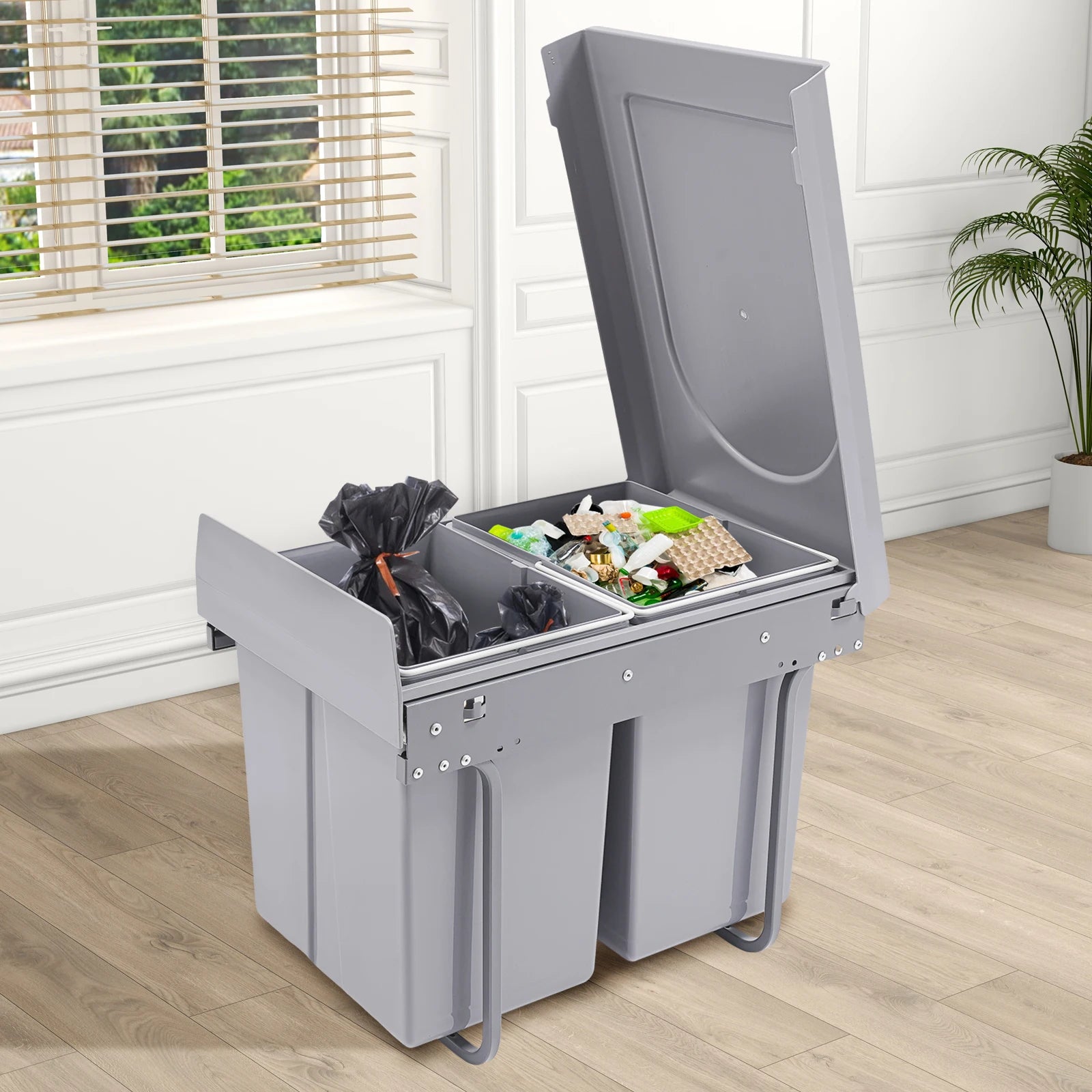 20L Each Dual Pull-Out Trash Can Easy Install Under Cabinet Kitchen Waste Bin with 2 Bins Slide out Recycling Garbage Can