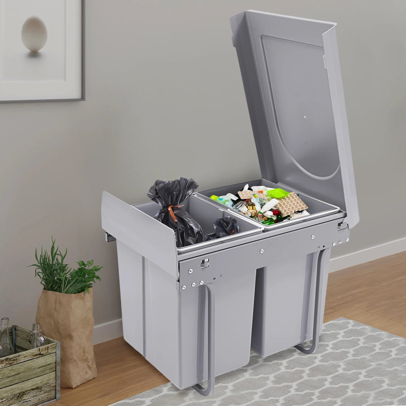 20L Each Dual Pull-Out Trash Can Easy Install Under Cabinet Kitchen Waste Bin with 2 Bins Slide out Recycling Garbage Can