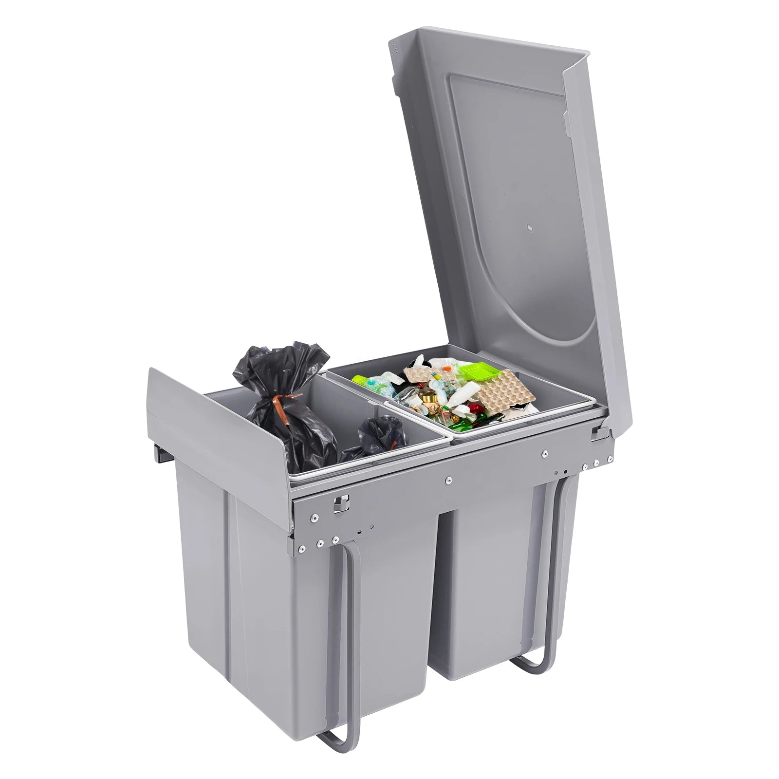 20L Each Dual Pull-Out Trash Can Easy Install Under Cabinet Kitchen Waste Bin with 2 Bins Slide out Recycling Garbage Can