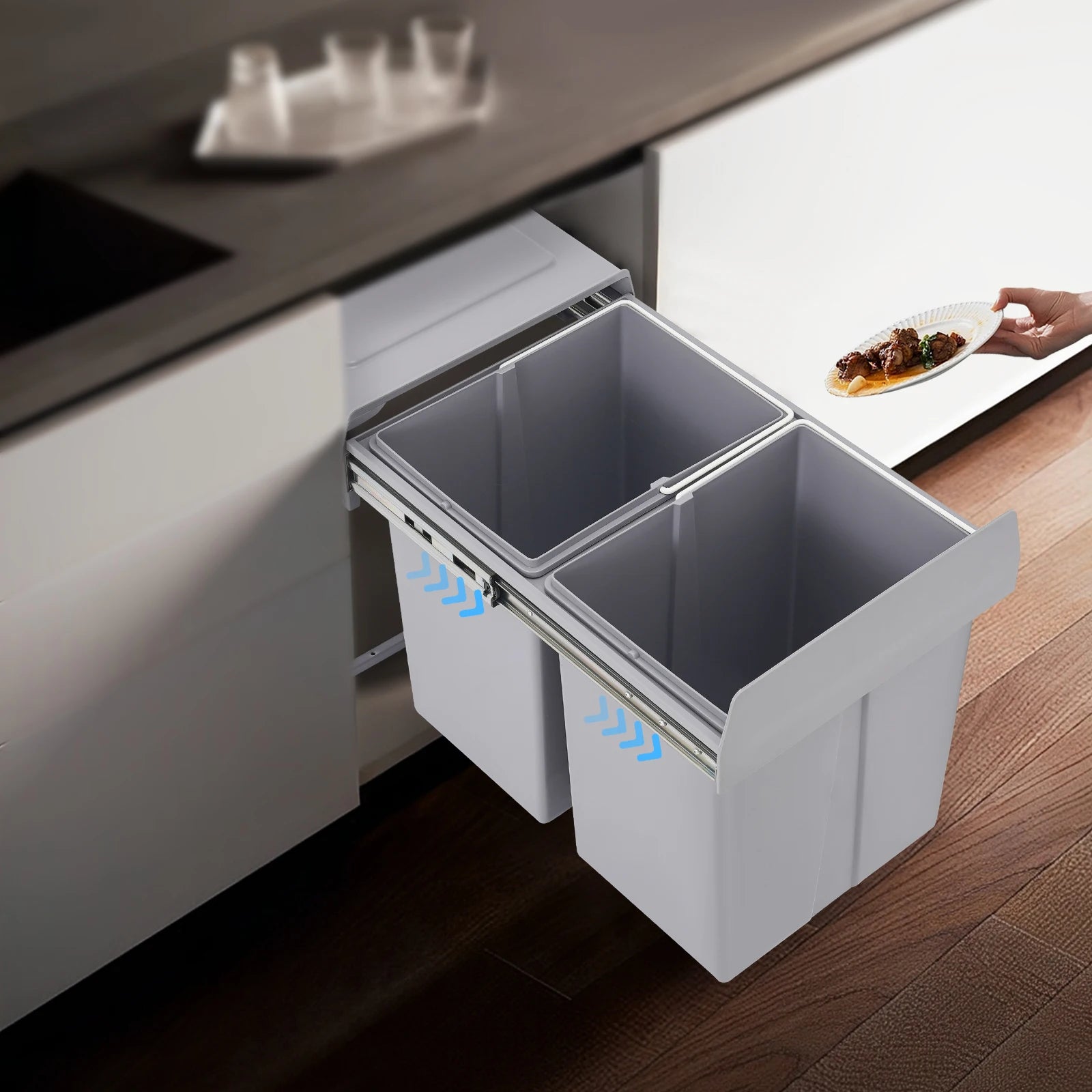 20L Each Dual Pull-Out Trash Can Easy Install Under Cabinet Kitchen Waste Bin with 2 Bins Slide out Recycling Garbage Can