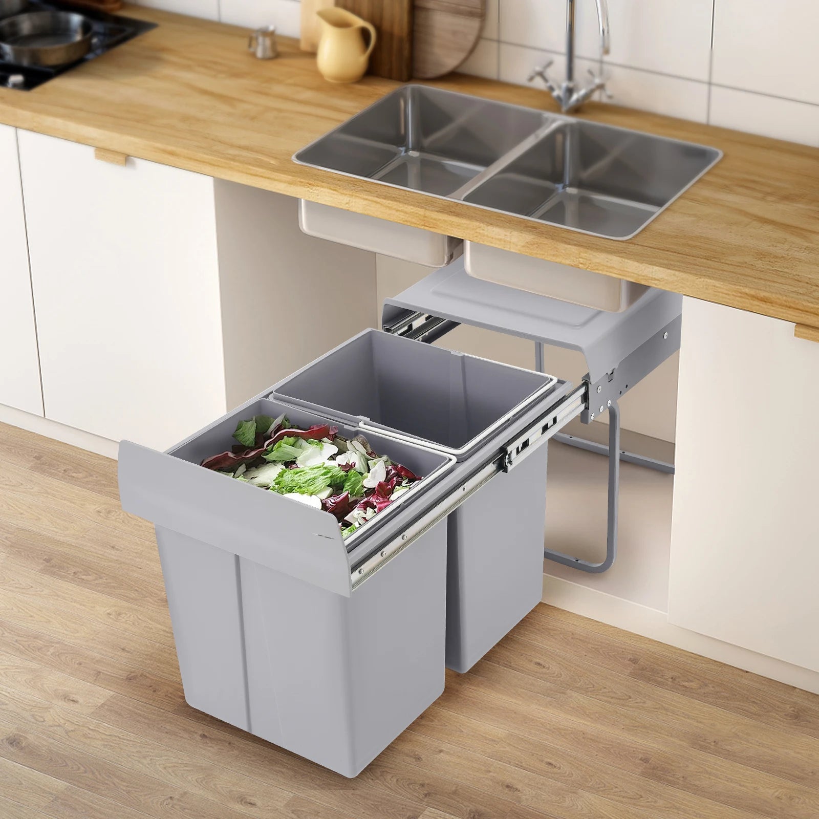 20L Each Dual Pull-Out Trash Can Easy Install Under Cabinet Kitchen Waste Bin with 2 Bins Slide out Recycling Garbage Can