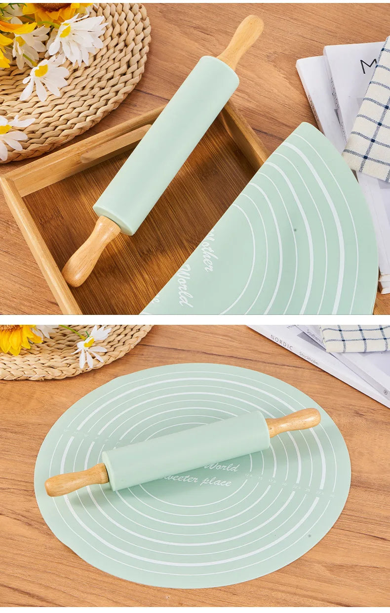 2 Piece Non Stick Rolling Mat and Rolling Pin Set for Home Baking Dough Kneading Flour Resistant Silicone Pastry Mat