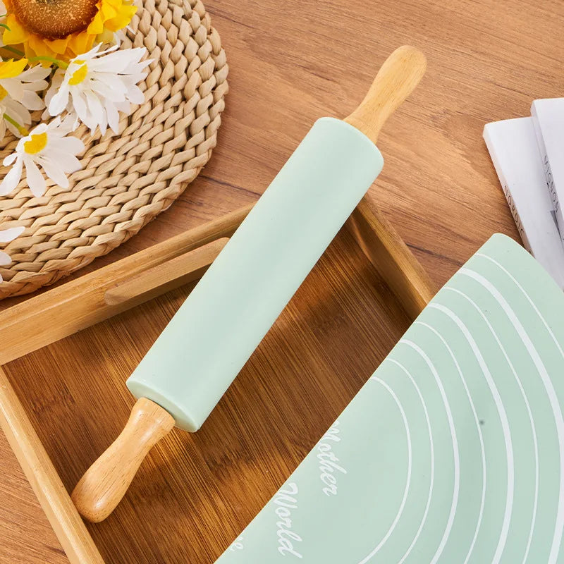 2 Piece Non Stick Rolling Mat and Rolling Pin Set for Home Baking Dough Kneading Flour Resistant Silicone Pastry Mat