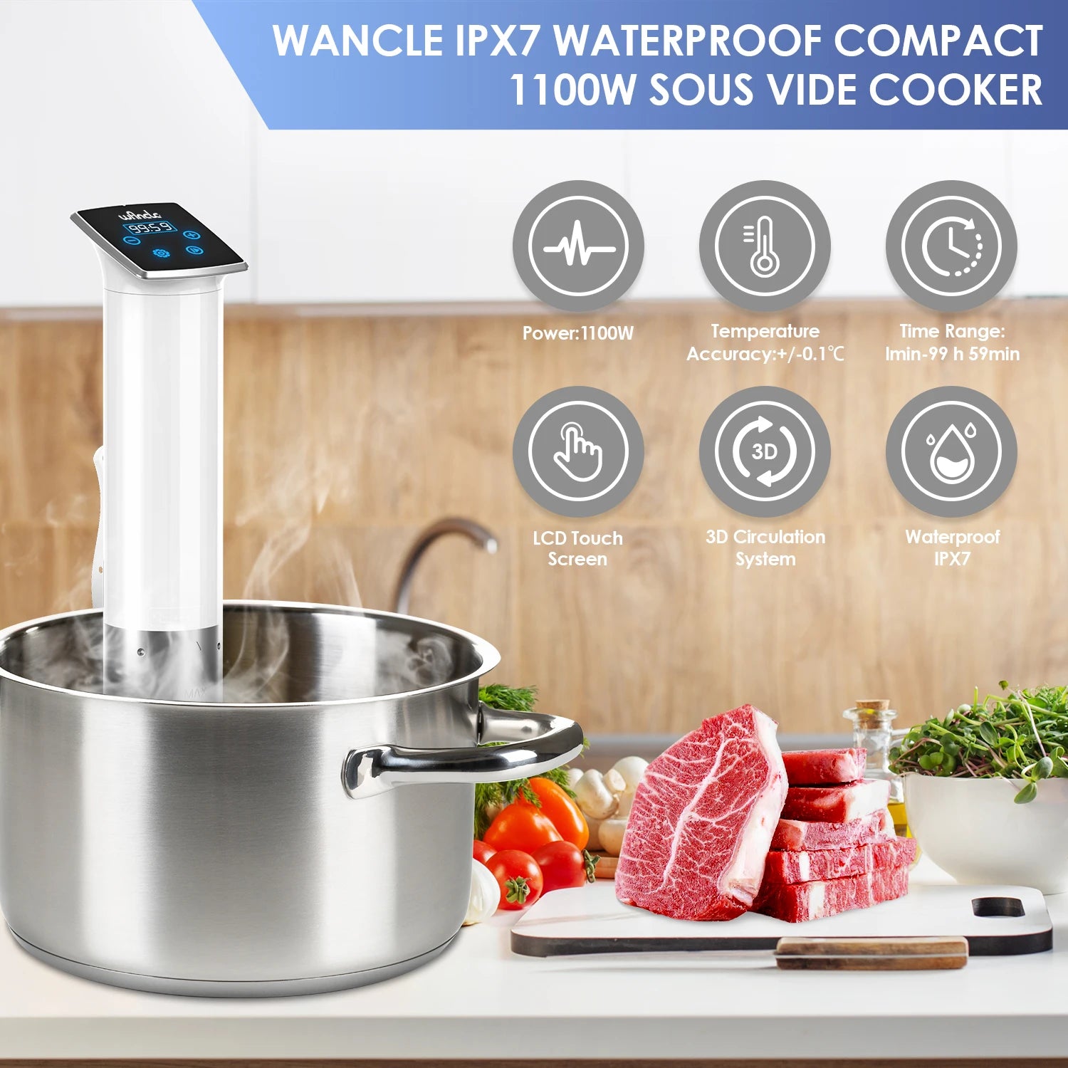 Wancle 1100W Waterproof Vacuum Sous Vide Cooker Immersion Circulator Accurate Cooking With LED Digital Display Slow Cooker