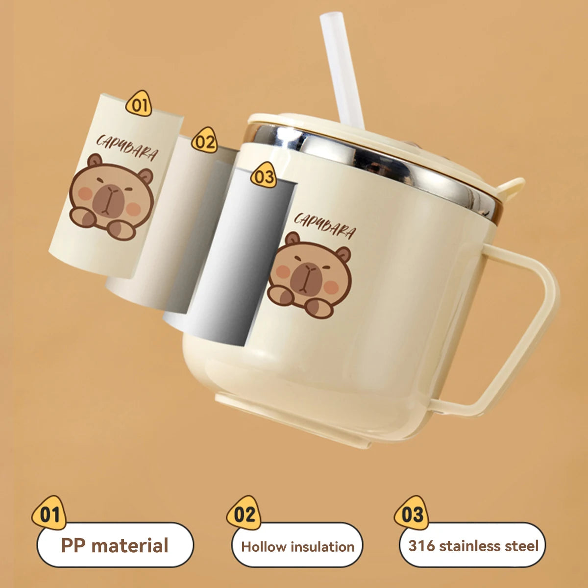 Capybara Kids Insulated Straw Water Bottle 270ml