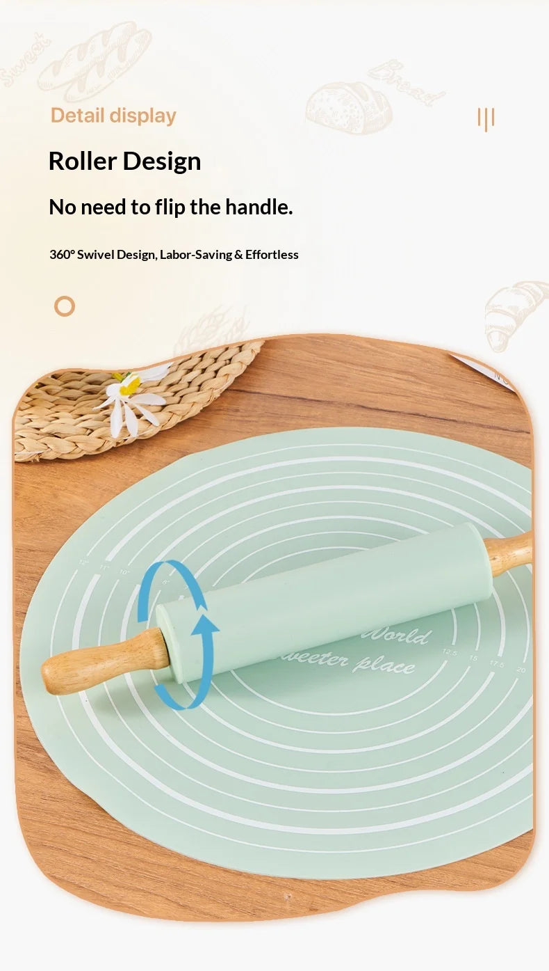 2 Piece Non Stick Rolling Mat and Rolling Pin Set for Home Baking Dough Kneading Flour Resistant Silicone Pastry Mat