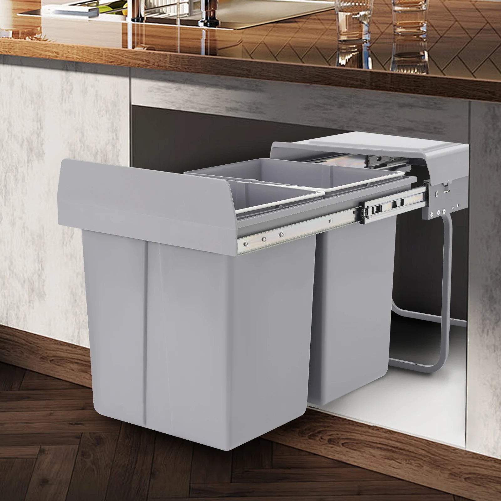 20L Each Dual Pull-Out Trash Can Easy Install Under Cabinet Kitchen Waste Bin with 2 Bins Slide out Recycling Garbage Can
