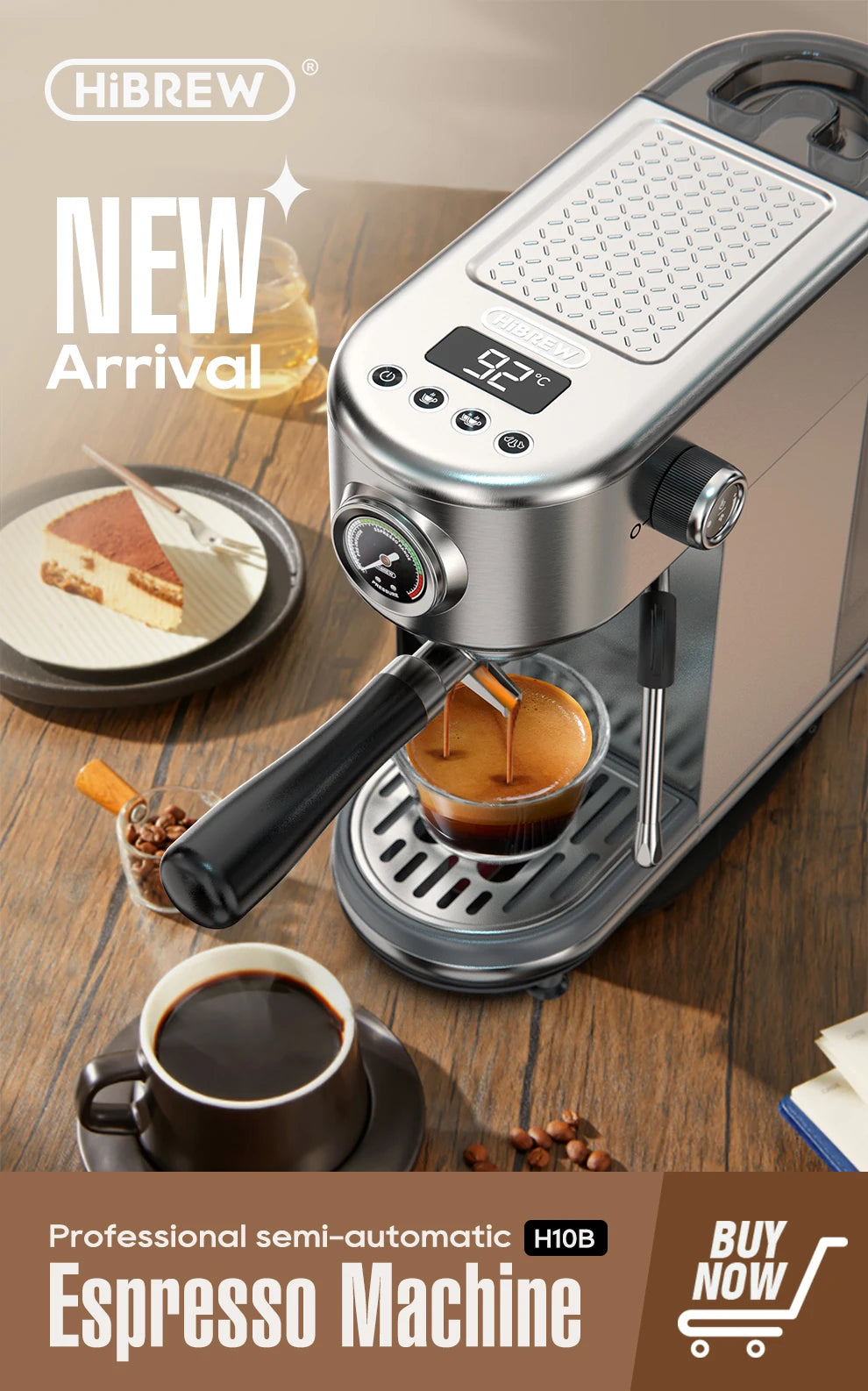 HiBREW Coffee Maker Cafetera 20 Bar Inox Semi Automatic Super Slim ESE POD& Powder Espresso Cappuccino Machine Hot Water H11