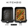 Air fryer basket shown before and after cooking with a 20.5x14cm perforated rectangular paper liner