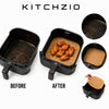 Air fryer basket shown before and after cooking with a 23cm perforated square paper liner